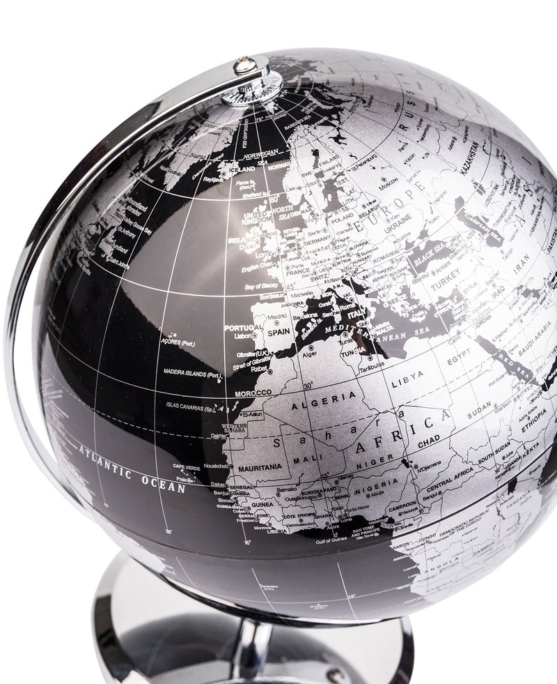 Exerz 8" World Globe Black - Stainless Steel Arc and Base - Educational/Geographic/Modern Desktop Decoration - Metallic Black - Image 4